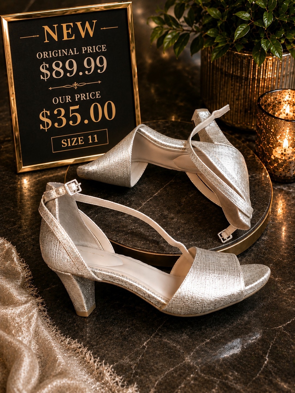 Women's Silver Strappy Mid-Heel Sandals